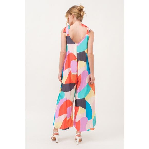 And The Why Tied Shoulder Straps Geo Print Pockets Wide Leg Jumpsuit | Yellow - Picture 3 of 11